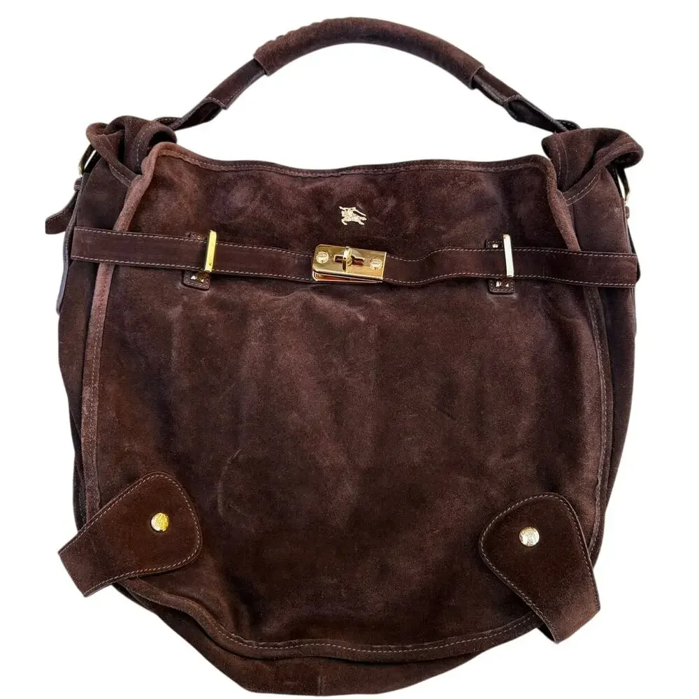 Burberry Rare Brown Suede Heritage Hobo Tote Bag Authenticated